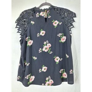 Women's blouse sleeveless nice black with pink flowers lace at shoulders